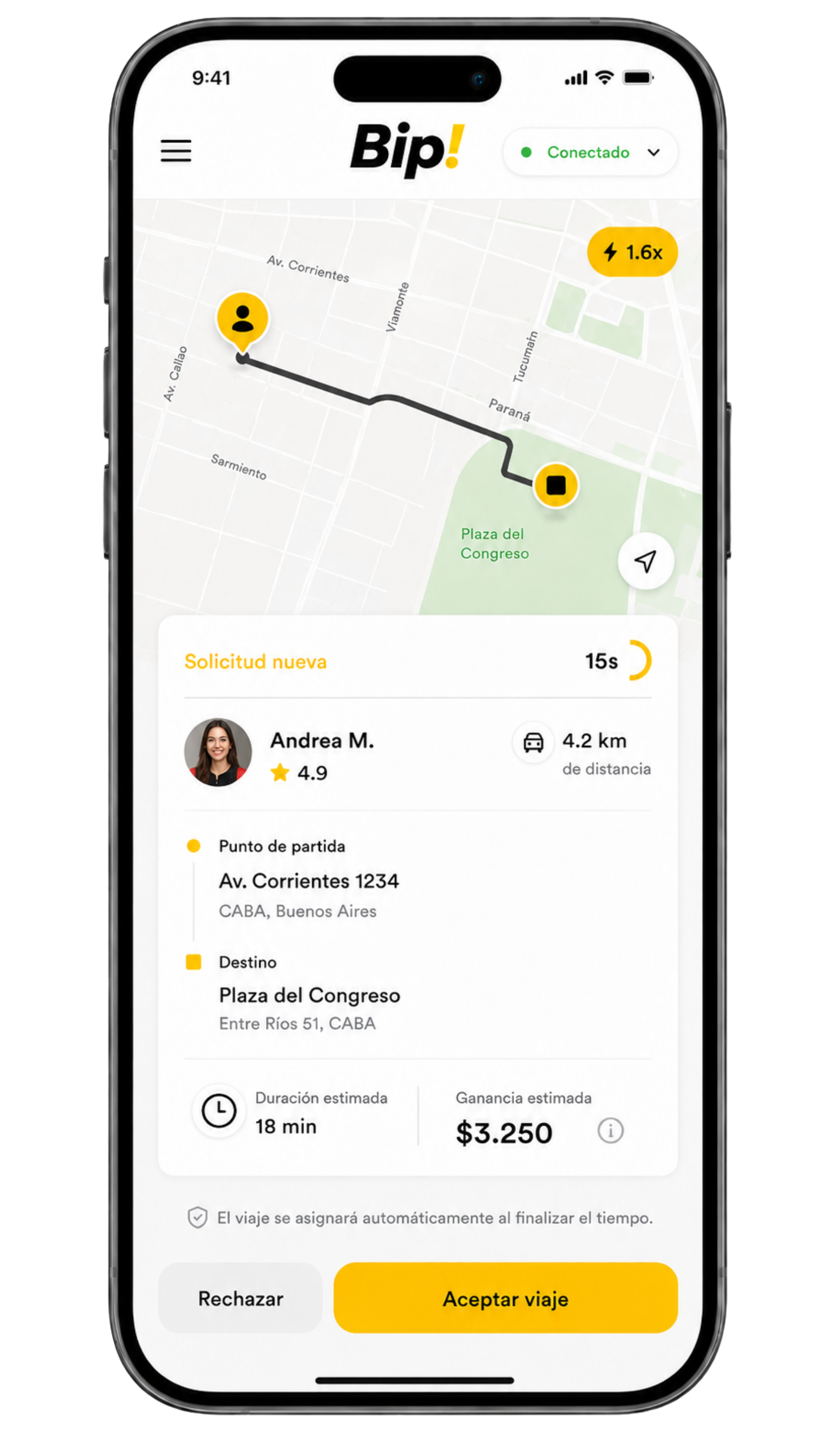 Solicitud de viaje de Bip conductor